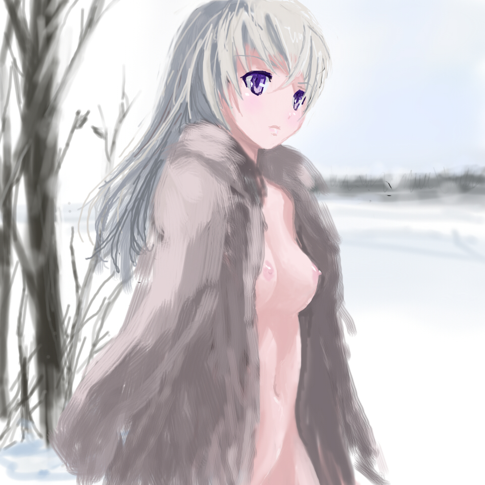 shikkaku, eila ilmatar juutilainen, strike witches, world witches series, 00s, 1girl, blonde hair, blue hair, breasts, coat, female focus, fur coat, long hair, navel, nipples, open clothes, open shirt, purple eyes, shirt, small breasts, snow, solo, winter