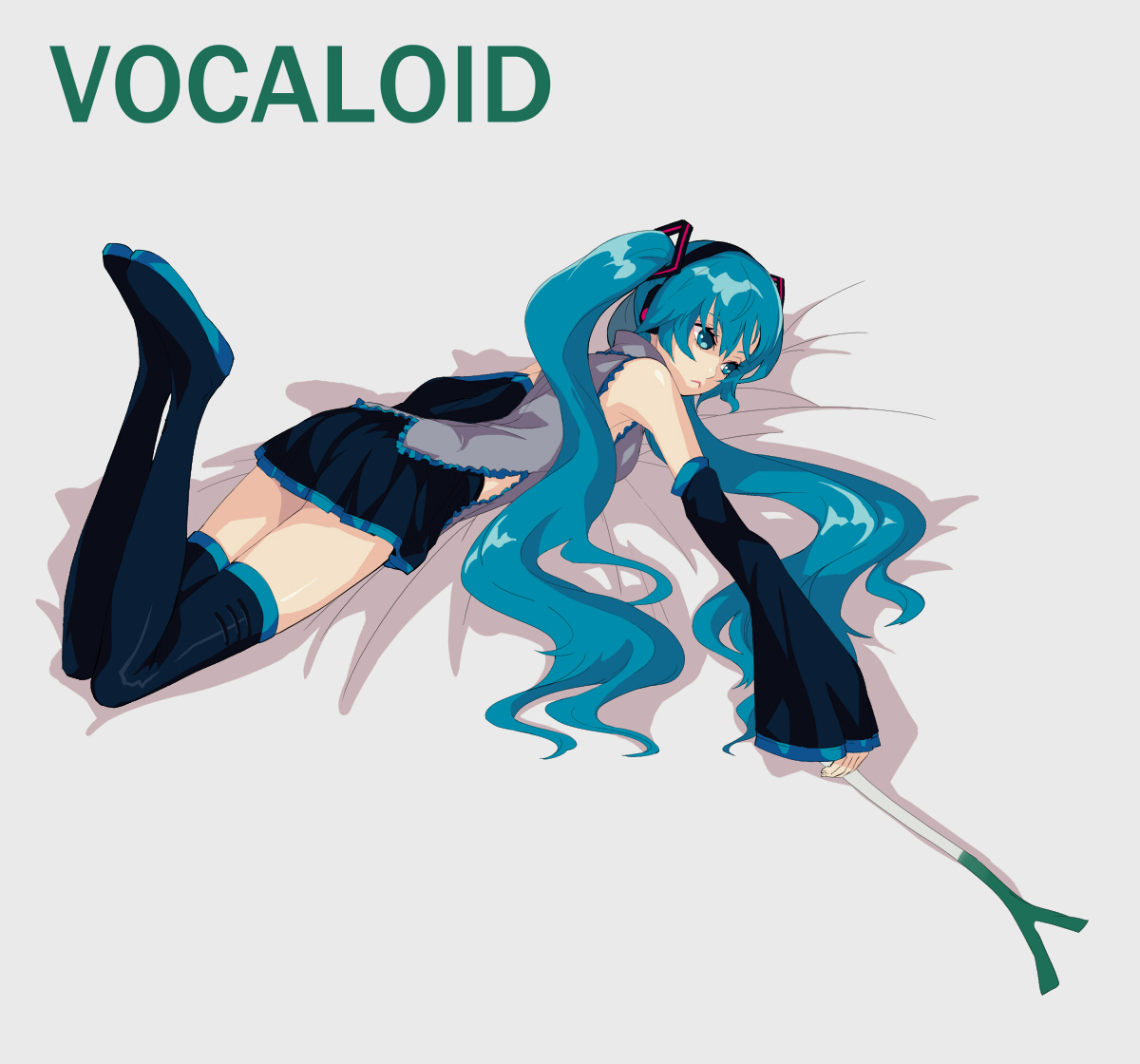 noel0, noel (pixiv3050150), hatsune miku, vocaloid, aqua eyes, aqua hair, bare shoulders, detached sleeves, headphones, long hair, lying, skirt, solo, spring onion, thighhighs, twintails, very long hair, zettai ryouiki