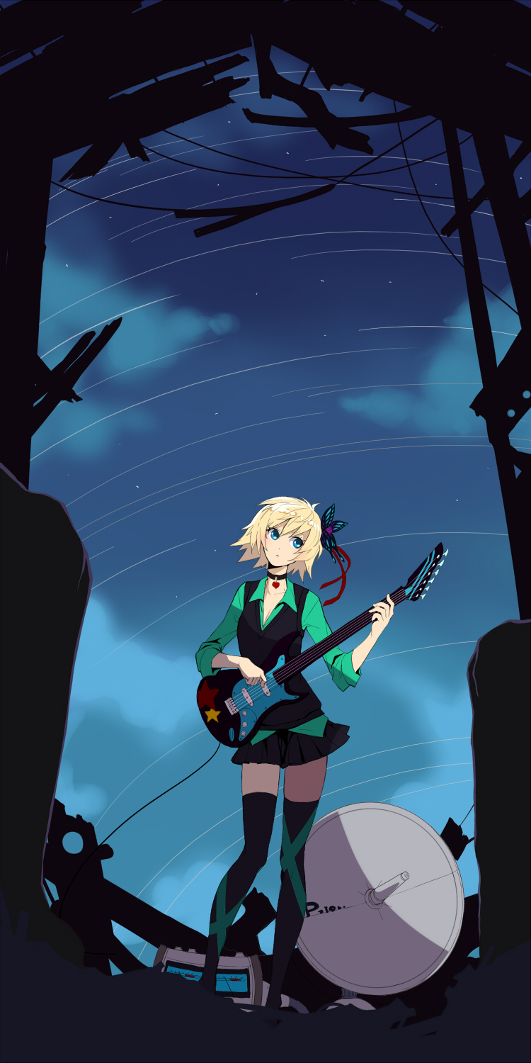 noel0, noel (pixiv3050150), original, highres, blonde hair, blue eyes, choker, cloud, guitar, hair ornament, instrument, ribbon, short hair, skirt, thighhighs