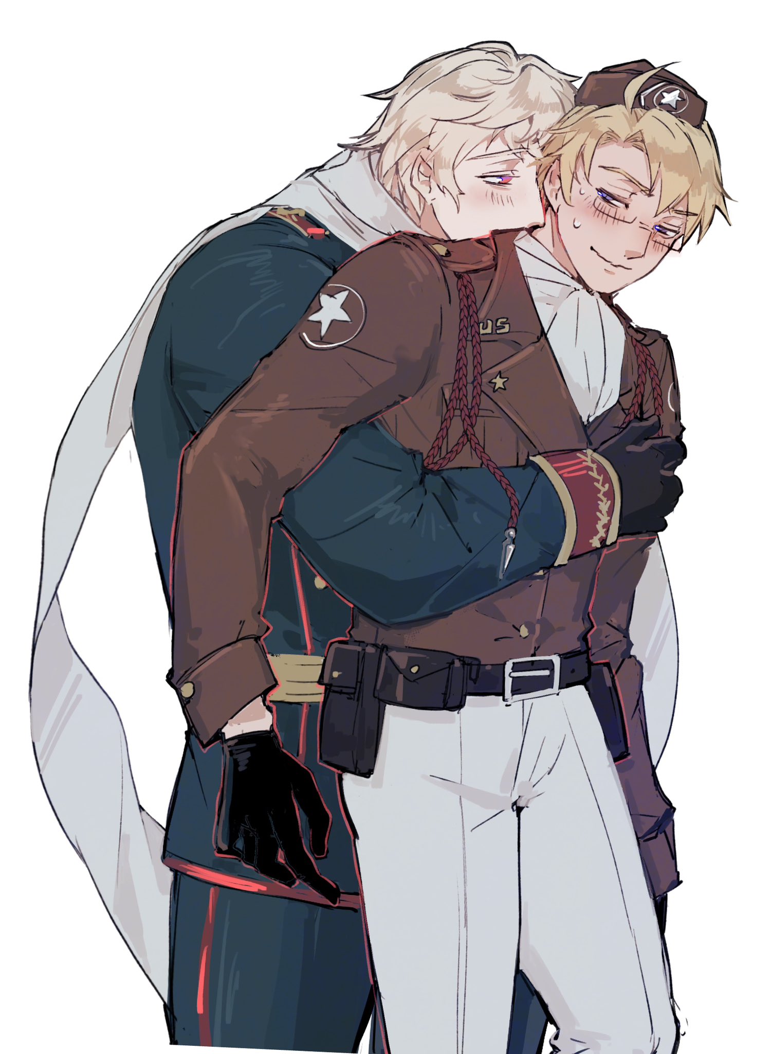 america (hetalia), russia (hetalia), axis powers hetalia, commentary, english commentary, highres, 2boys, ahoge, aiguillette, ascot, belt, black belt, black gloves, blonde hair, brown hat, brown jacket, buttons, closed mouth, cowboy shot, gloves, green jacket, green pants, grey hair, half-closed eyes, hat, hug, hug from behind, jacket, lapels, long sleeves, looking at another, male focus, military hat, military jacket, military uniform, multiple boys, pants, pocket, purple eyes, scarf, shirt, short hair, simple background, soviet army, star (symbol), star print, sweat, v-shaped eyebrows, vampiryprpr, white ascot, white background, white pants, white scarf, white shirt, yaoi, yellow belt