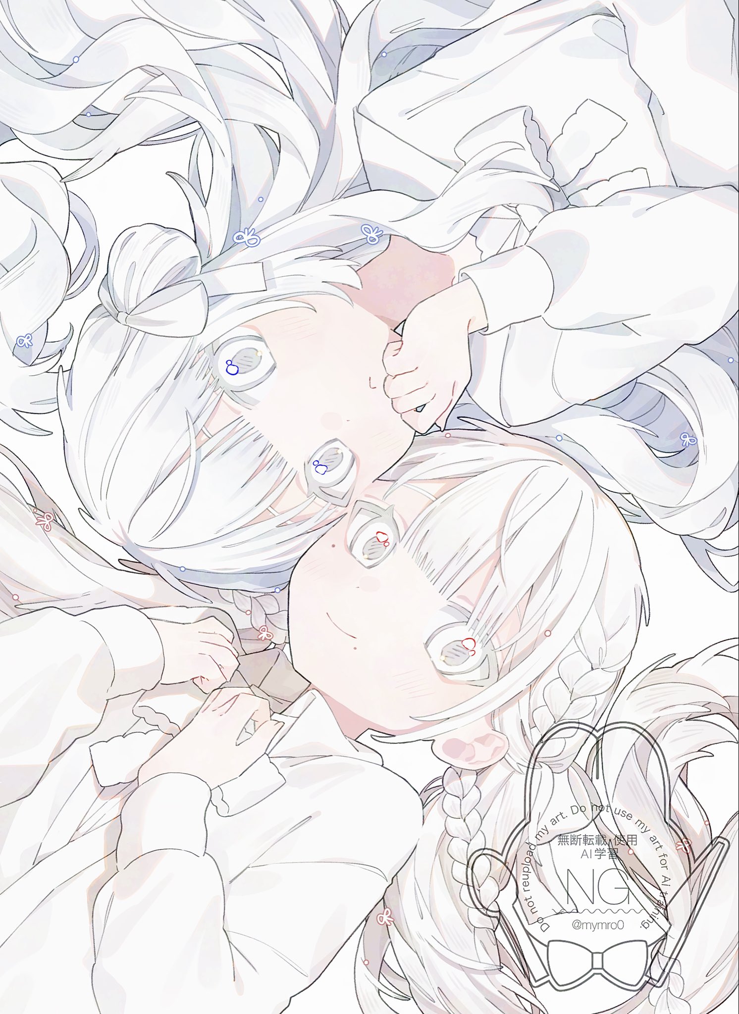 mymro0, original, highres, 2girls, :<, artist name, bow, bowtie, braid, center-flap bangs, closed mouth, hair ribbon, hair rings, hand on own chin, hands up, heads together, jacket, long hair, long sleeves, looking at viewer, low twintails, lying, mole, mole under eye, mole under mouth, multiple girls, multiple moles, on back, pale color, pale skin, ribbon, rotational symmetry, shirt, side up ring, single hair ring, sleeve cuffs, smile, twintails, twitter username, watermark, white background, white bow, white bowtie, white eyes, white hair, white jacket, white ribbon, white shirt, white theme