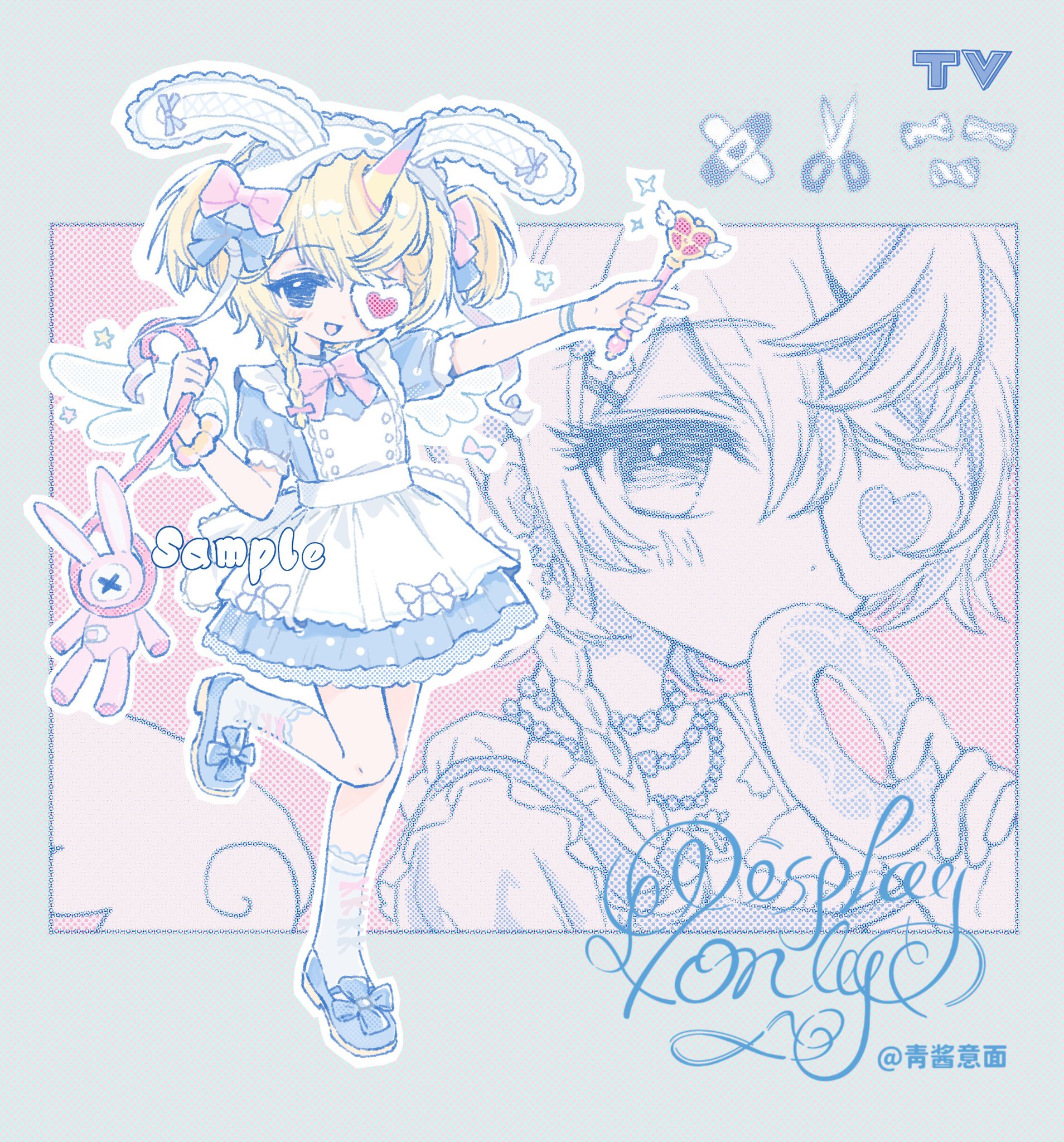tushou, original, highres, 1girl, apron, artist name, bandaid, blonde hair, blue bow, blue dress, blush, bow, bowtie, braid, dress, eyelashes, full body, hair ornament, happy, holding, holding wand, horns, kneehighs, long hair, looking at viewer, multiple views, one eye covered, open mouth, pink bow, pink bowtie, scissors, shoes, short sleeves, single horn, socks, stuffed animal, stuffed toy, unicorn horn, wand, white apron, white socks