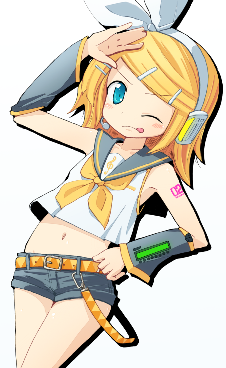 linco, kagamine rin, vocaloid, highres, belt, blonde hair, blue eyes, bow, detached sleeves, hair ornament, hairclip, headset, midriff, navel, one eye closed, short hair, shorts, solo, tongue, wink