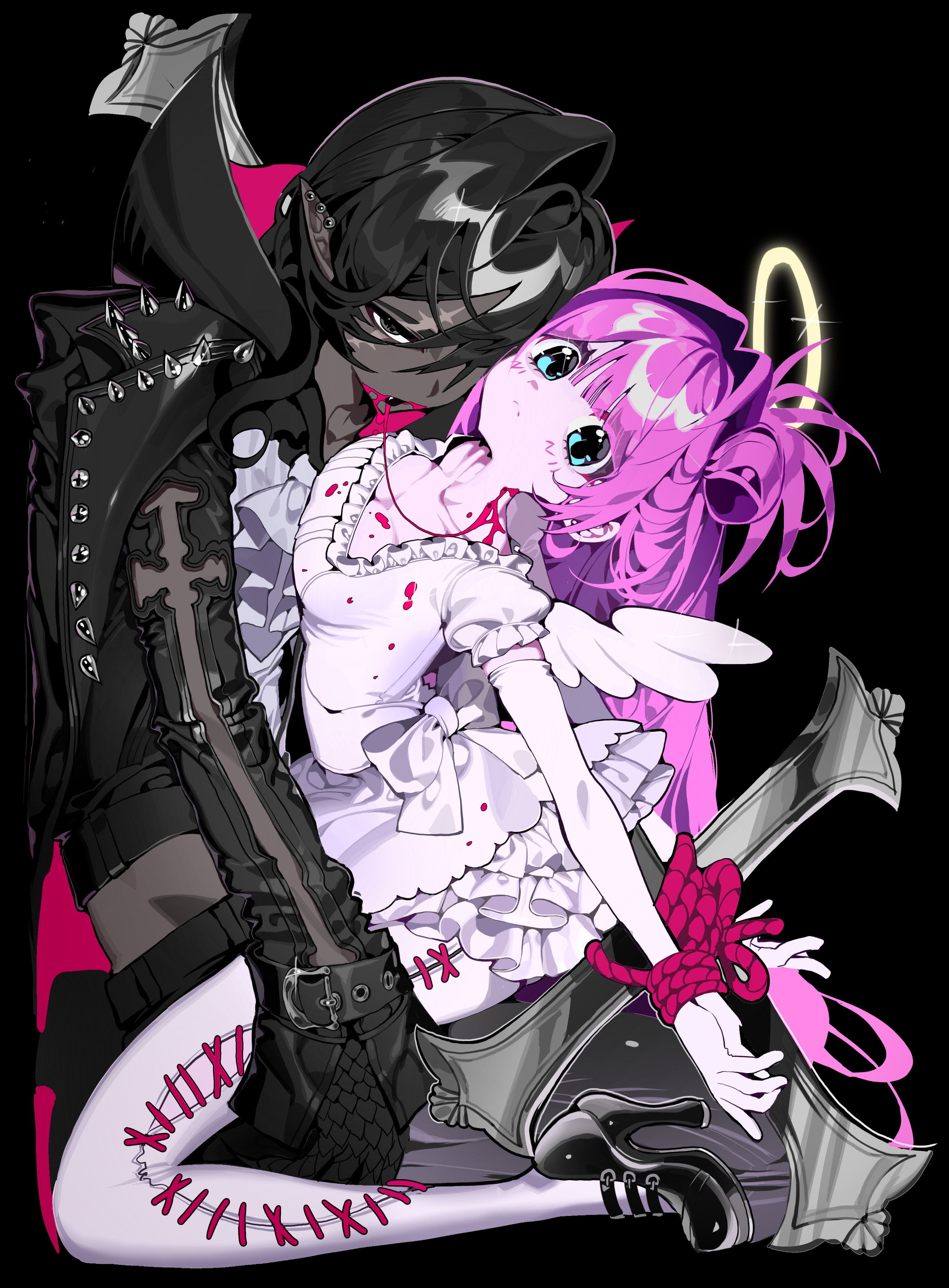 scocasr, original, absurdres, commentary, highres, symbol-only commentary, 1boy, 1girl, angel wings, black background, black eyes, black hair, black shoes, blood, blood from mouth, blood from neck, blue eyes, bound, bound wrists, breasts, cleavage, closed mouth, collarbone, dark-skinned male, dark skin, dress, elbow gloves, fang, gloves, hair intakes, halo, hetero, high heels, long hair, looking at viewer, pantyhose, pink hair, pointy ears, puffy short sleeves, puffy sleeves, scar, scar across eye, scar on face, shoes, short dress, short sleeves, simple background, single hair intake, traditional halo, vampire, vampire bite, white dress, white gloves, white pantyhose, wings