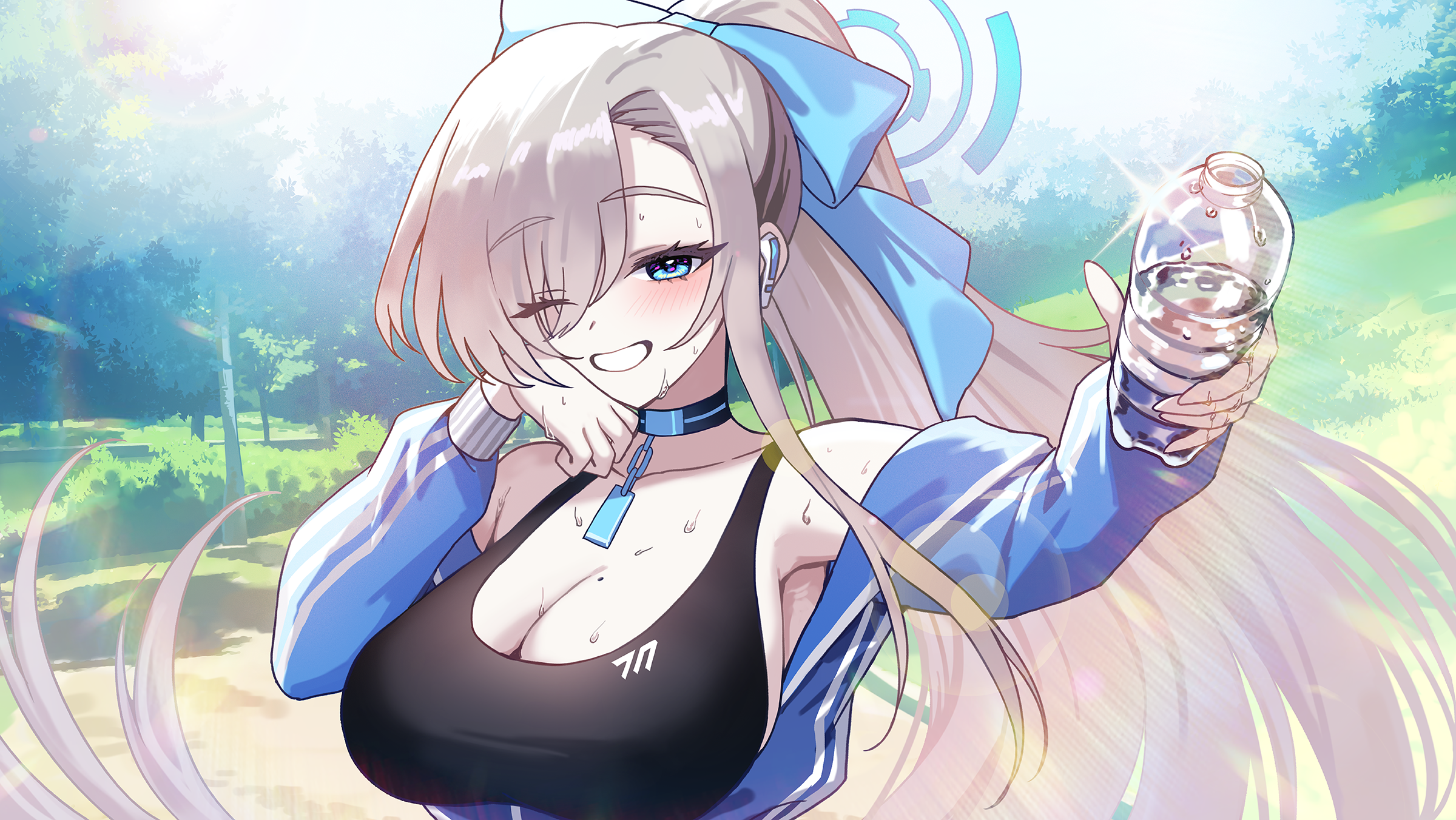 kyundoo, asuna (blue archive), blue archive, highres, 1girl, bare shoulders, black bra, blonde hair, blue bow, blue eyes, blue halo, blue jacket, blush, bottle, bow, bra, breasts, choker, cleavage, earpiece, grin, hair bow, hair over one eye, halo, holding, holding bottle, incoming gift, jacket, large breasts, long hair, looking at viewer, mole, mole on breast, open clothes, open jacket, partially open jacket, ponytail, smile, solo, sports bra, sweat, underwear, very long hair