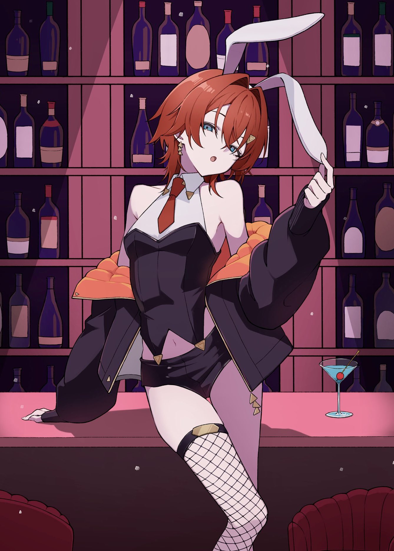 haruwo, ange katrina, nijisanji, commentary request, highres, 1girl, :o, animal ear hairband, animal ears, aqua eyes, arm support, armpit crease, bar (place), bare shoulders, black jacket, black shirt, black shorts, black thighhighs, bottle, breasts, cocktail glass, collared shirt, contrapposto, crossed bangs, cup, drinking glass, earrings, fake animal ears, feet out of frame, fishnet thighhighs, fishnets, gold earrings, hair intakes, hair ornament, hairband, halter shirt, halterneck, hand up, head tilt, jacket, jacket partially removed, jewelry, long bangs, long sleeves, looking at viewer, medium hair, micro shorts, navel, necktie, nontraditional playboy bunny, official alternate costume, orange jacket, puffy long sleeves, puffy sleeves, quilted jacket, rabbit ear hairband, rabbit ears, red hair, red necktie, shelf, shirt, short necktie, shorts, single thighhigh, sleeveless, sleeveless shirt, sleeves past wrists, small breasts, solo, standing, thigh gap, thighhighs, triangle earrings, triangle hair ornament, two-sided fabric, two-sided jacket, virtual youtuber, white shirt, wolf cut