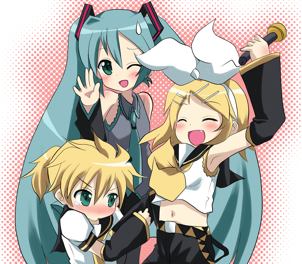 massala, hatsune miku, kagamine len, kagamine rin, vocaloid, bad id, bad pixiv id, 1boy, 2girls, aqua hair, armpits, blonde hair, blush, bow, brother and sister, closed eyes, detached sleeves, fang, green eyes, hair ornament, hairclip, long hair, midriff, multiple girls, navel, necktie, one eye closed, short hair, siblings, sweatdrop, tears, twins, twintails, wink
