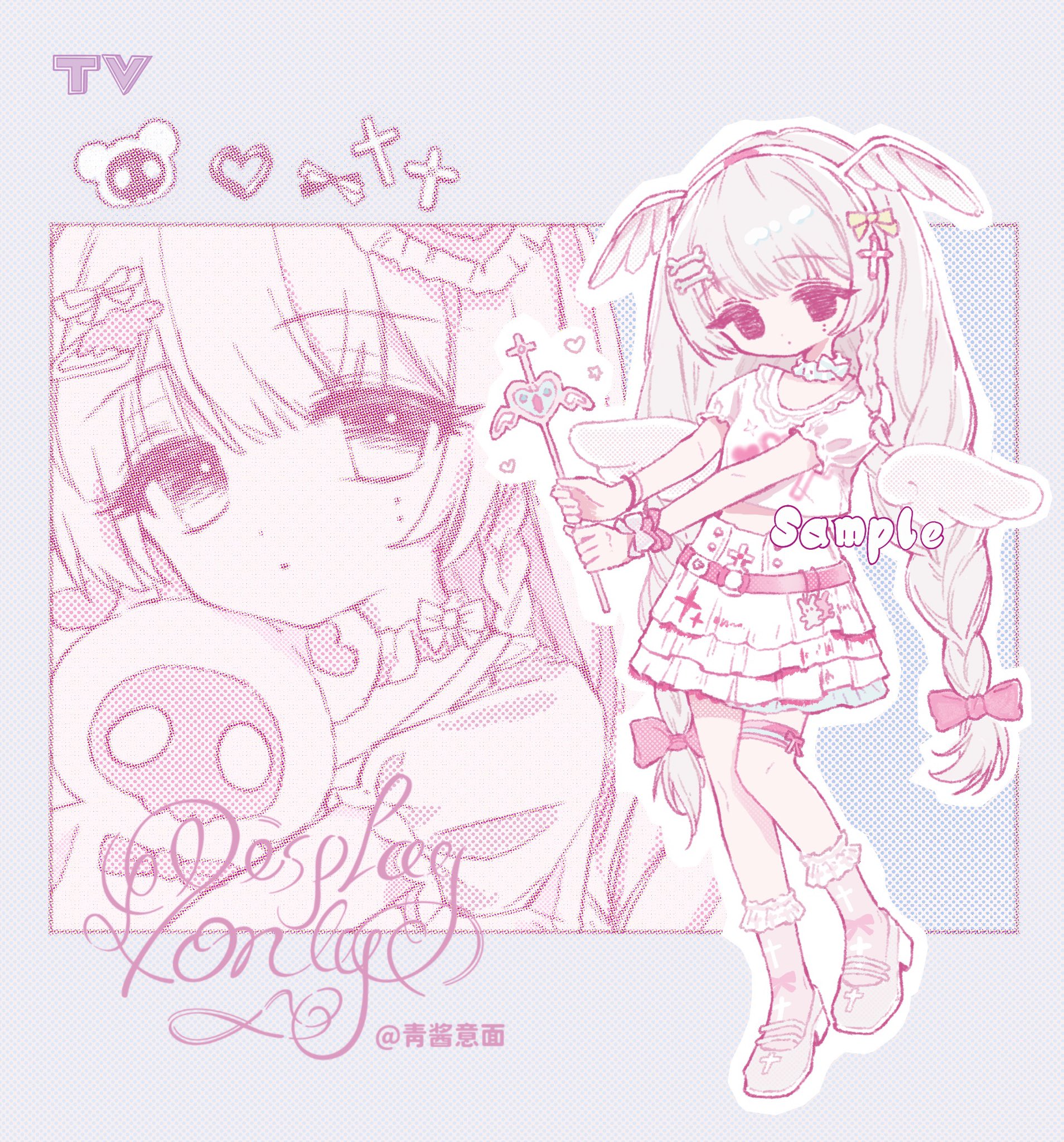 tushou, original, highres, 1girl, artist name, belt, blank eyes, blunt bangs, braid, closed mouth, dot mouth, dot nose, eyelashes, full body, hair ornament, hairband, hairpin, holding, holding wand, layered skirt, long hair, mole, mole under eye, monochrome, multiple views, pink theme, pleated skirt, shirt, shoes, short sleeves, skirt, socks, wand, wings