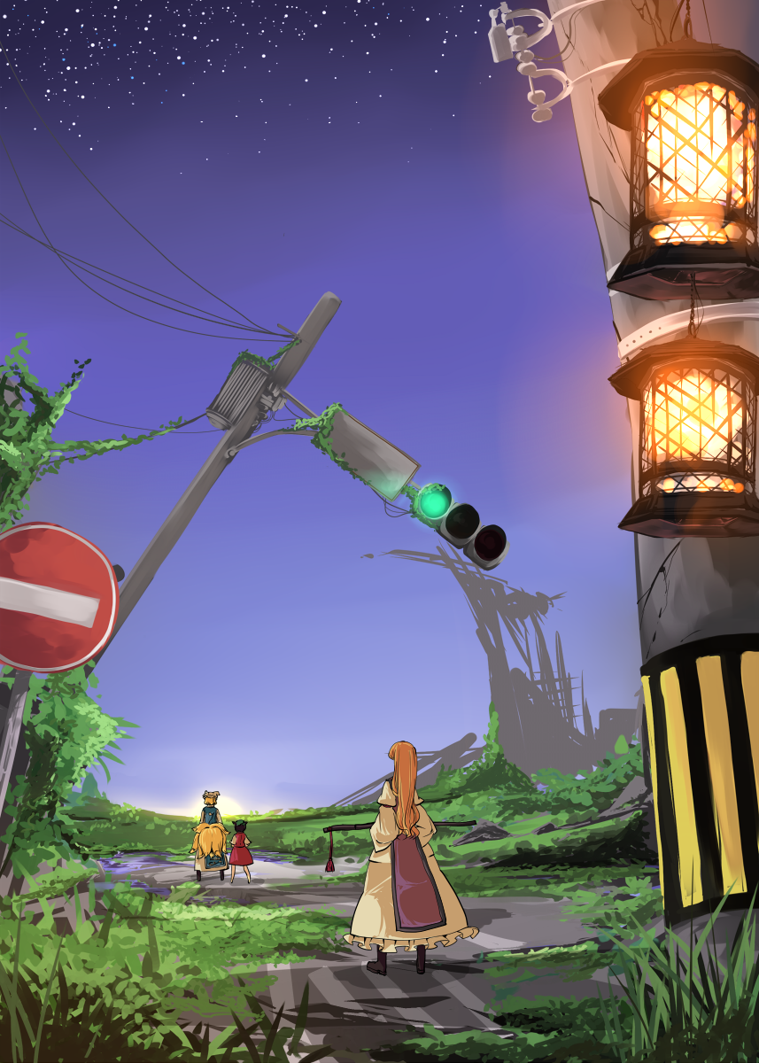 garnet, chen, yakumo ran, yakumo yukari, touhou, highres, 3girls, animal ears, back, cane, cat ears, cat girl, cat tail, female focus, fox ears, landscape, multiple girls, no entry sign, no headwear, road sign, ruins, scenery, sign, sunrise, sword, tail, traffic light, weapon