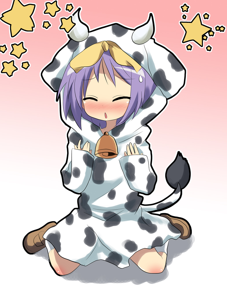 massala, hiiragi tsukasa, lucky star, bad id, bad pixiv id, 00s, 1girl, animal costume, animal print, bell, blush, closed eyes, cow costume, cow girl, cow print, cow tail, female focus, horns, purple hair, short hair, solo, tail