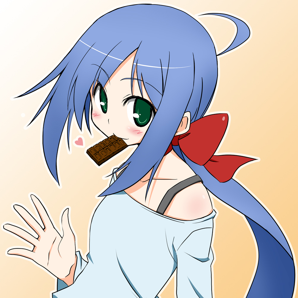 souto, original, bad id, bad pixiv id, 1girl, ahoge, blue hair, candy, chocolate, chocolate bar, female focus, food, green eyes, long hair, mouth hold, ponytail, solo