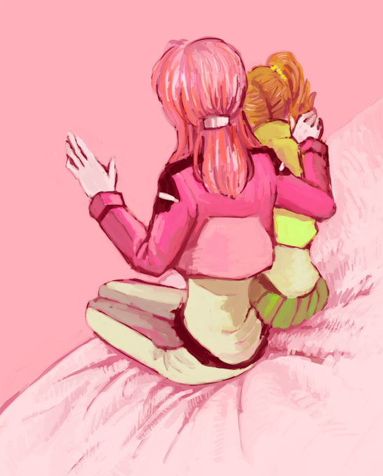 feldt grace, mileina vashti, gundam, gundam 00, bad id, bad pixiv id, 00s, 2girls, bed, brown hair, comforting, crop top, drill hair, from behind, hair ornament, hairclip, jacket, military, military uniform, multiple girls, pink hair, ponytail, sitting, twin drills