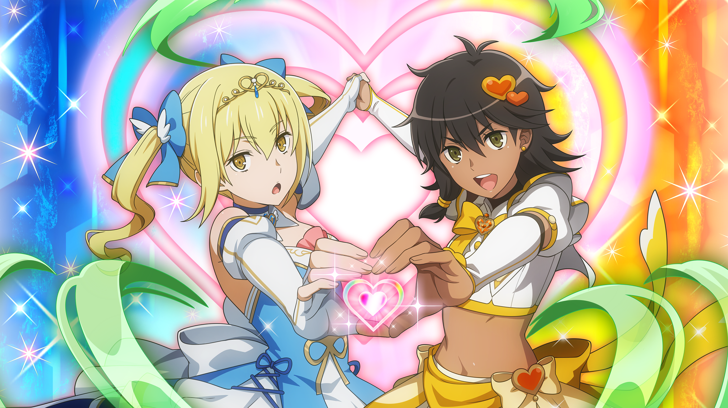 aiz wallenstein, tiona hyryute, danmachi battle chronicle, dungeon ni deai wo motomeru no wa machigatteiru darou ka, game cg, highres, non-web source, official art, 2girls, :d, anime coloring, black hair, blonde hair, blue bow, blue dress, bow, breasts, crop top, dark-skinned female, dark skin, dress, earrings, elbow gloves, fingerless gloves, gloves, gold tiara, green eyes, hair between eyes, hair bow, hair ornament, heart, heart hair ornament, heart hands, heart hands duo, holding hands, jewelry, long hair, looking at viewer, magical girl, midriff, multiple girls, official alternate costume, official alternate hairstyle, open mouth, puffy short sleeves, puffy sleeves, shirt, short hair, short sleeves, single sidelock, small breasts, smile, twintails, white gloves, white shirt, yellow bow, yellow eyes