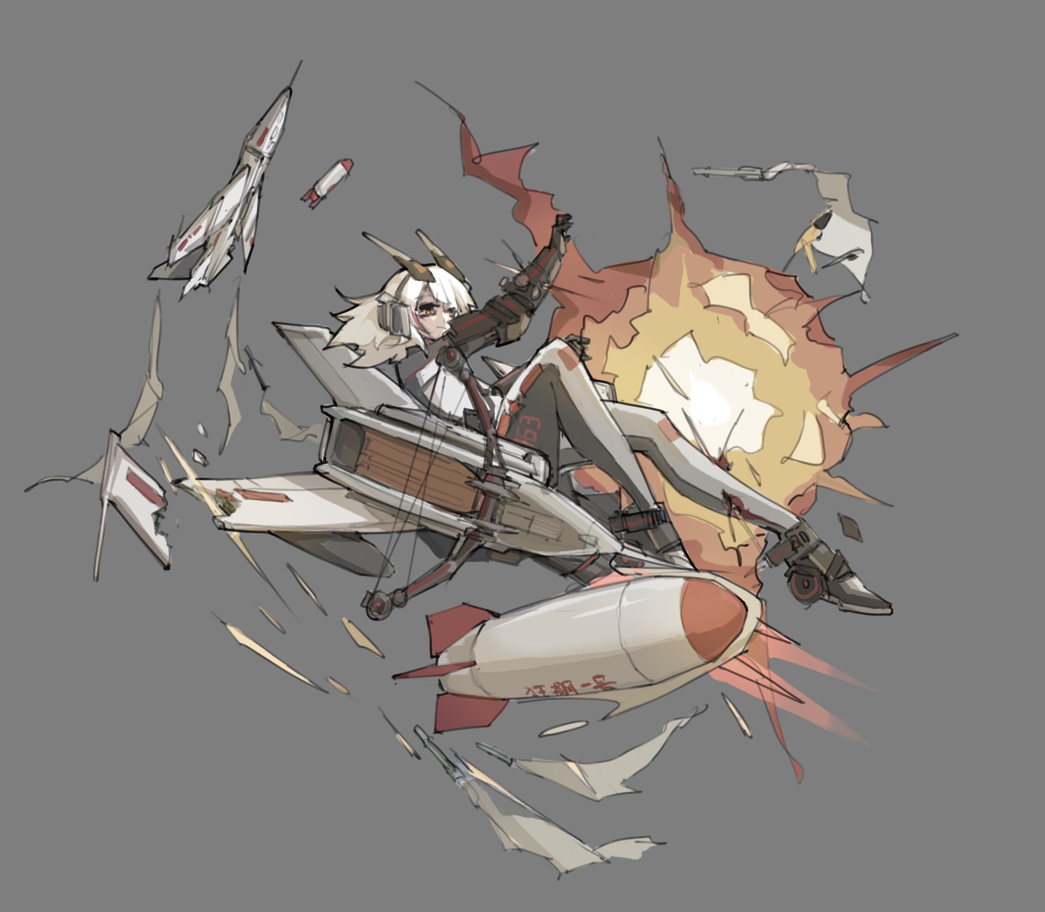 frider, original, war thunder, highres, bomb, bow (weapon), explosion, explosive, headgear, missile, nanchang q-5, nuclear weapon, orange eyes, pantyhose, personification, vehicle and personification, weapon, white hair, wings
