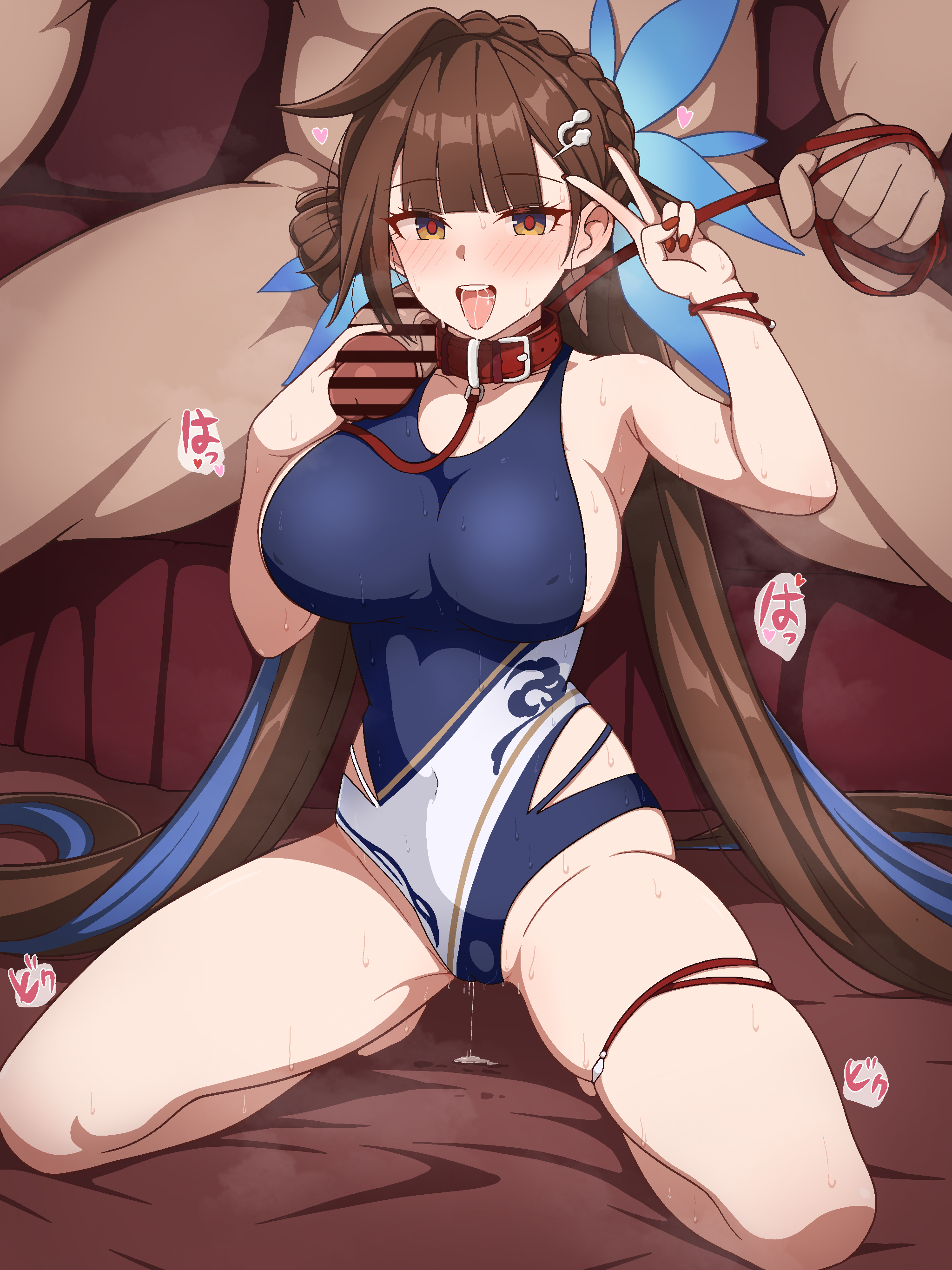 milliani, li sushang, li sushang (summer 2023), honkai (series), honkai impact 3rd, absurdres, commentary request, highres, paid reward available, 1boy, 1girl, belt collar, blue one-piece swimsuit, breasts, brown eyes, brown hair, collar, completely nude, erection, hetero, holding, holding leash, kneeling, large breasts, leash, long hair, nude, official alternate costume, one-piece swimsuit, penis, penis on shoulder, pussy juice, sideboob, swimsuit, v, very long hair