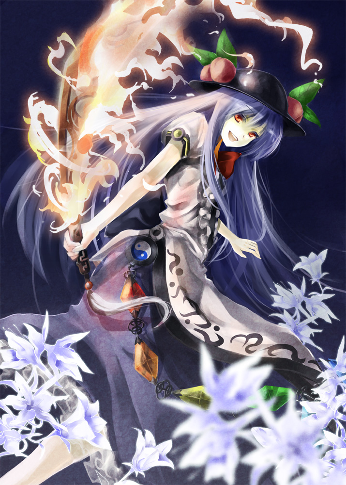 tomasu, tsurukame, hinanawi tenshi, touhou, 1girl, blue hair, female focus, flower, food, fruit, hat, long hair, open mouth, peach, smile, solo, sword, sword of hisou, weapon, yin yang