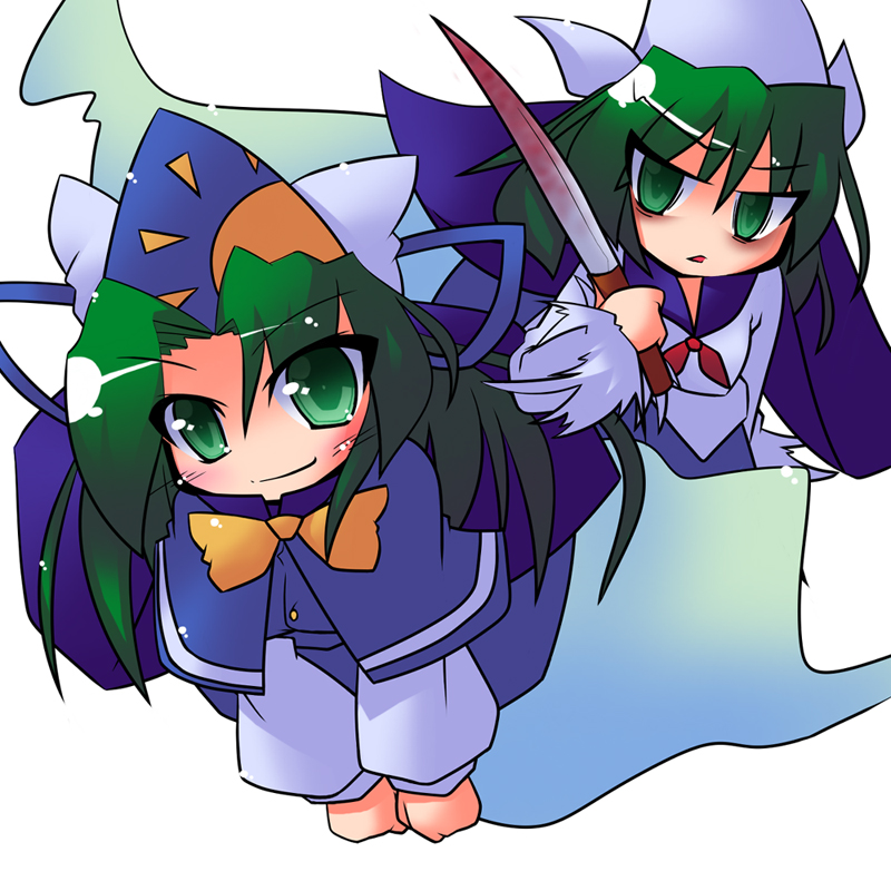 tsuboraa, mima (touhou), highly responsive to prayers, phantasmagoria of dim.dream, touhou, touhou (pc-98), 1girl, blood, bow, dual persona, female focus, green eyes, green hair, hat, knife, long hair, multiple views, wizard hat