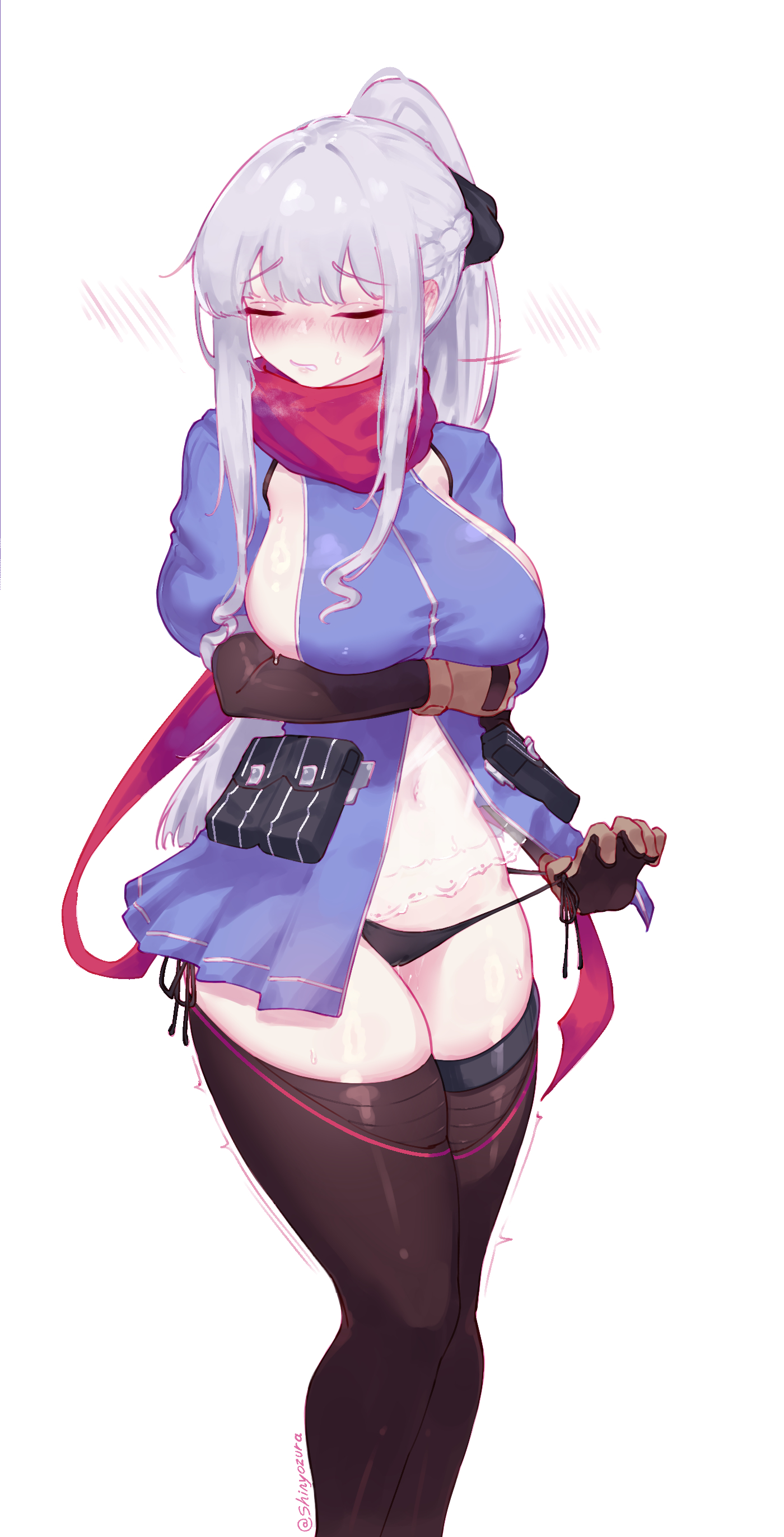 shinyozura, 9a-91 (girls' frontline), ak-12 (girls' frontline), girls' frontline, absurdres, commission, highres, 1girl, 9a-91 (girls' frontline) (cosplay), artist name, black panties, black thighhighs, blue dress, blush, breasts, closed eyes, cosplay, cowboy shot, dress, large breasts, long hair, panties, panty pull, ponytail, red scarf, scarf, side-tie panties, simple background, solo, sweatdrop, thighhighs, underwear, white background, white hair