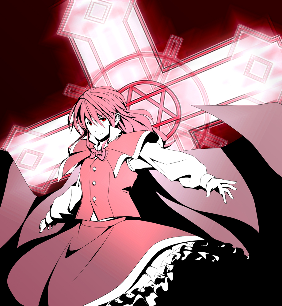 serene (gusarme), serene (pixiv66339), okazaki yumemi, phantasmagoria of dim.dream, touhou, touhou (pc-98), 1girl, bow, bowtie, cape, cloak, cross, female focus, hexagram, red eyes, red hair, red theme, skirt, skirt set, solo, vest
