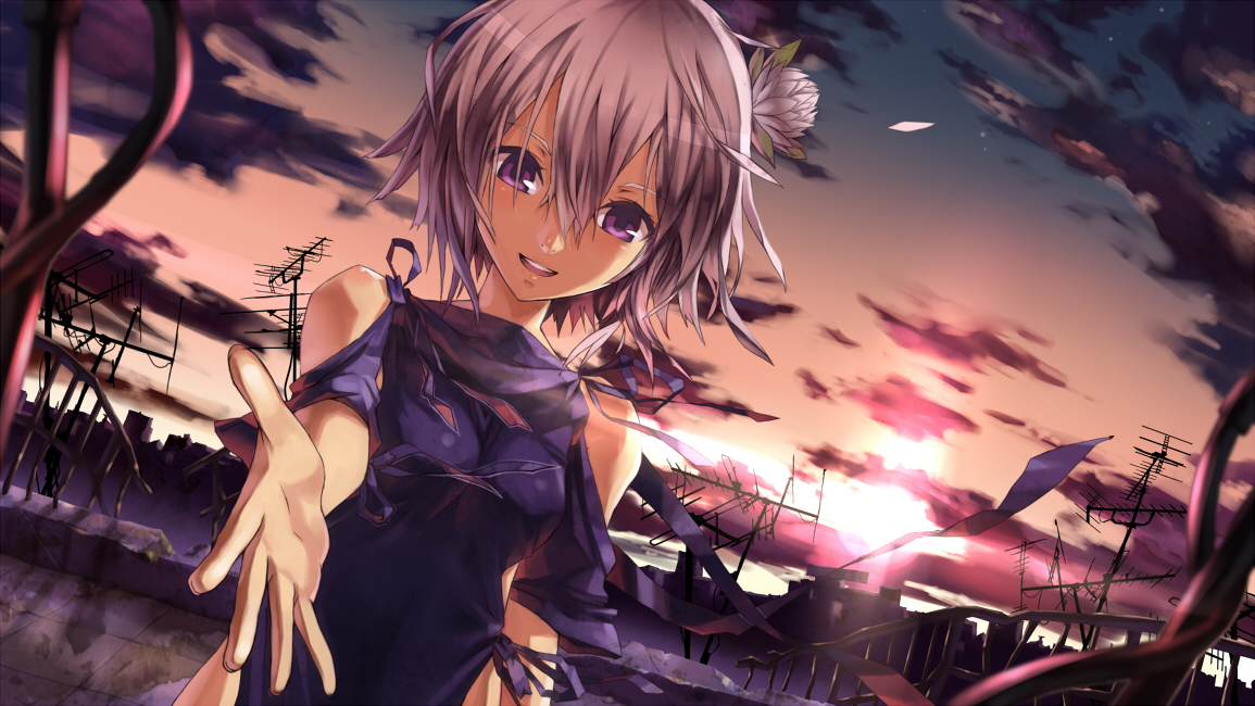 ren (fragile), fragile, fragile: sayonara tsuki no haikyo, silver hair, 1girl, dutch angle, evening, light rays, long sleeves, looking at viewer, outstretched arm, pov, purple eyes, short hair, solo, sunlight, sunset, upper body