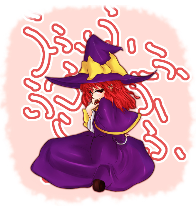pilky, kirisame marisa, kirisame marisa (pc-98), story of eastern wonderland, the story of eastern wonderland, touhou, touhou (pc-98), bad id, bad pixiv id, 1girl, capelet, dress, female focus, hand on own face, hat, pointy ears, red eyes, red hair, smile, solo, witch, witch hat
