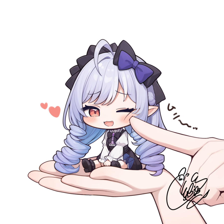 beni shake, vivian banshee, zenless zone zero, commentary request, 1girl, 1other, ;d, ahoge, black bow, black bowtie, black dress, black shoes, blue hair, blush, bow, bowtie, cheek poking, chibi, dress, full body, hair bow, heart, in palm, long hair, long sleeves, mini person, minigirl, one eye closed, open mouth, pointy ears, poking, purple bow, red eyes, shirt, shoes, signature, simple background, sitting, smile, very long hair, white background, white shirt