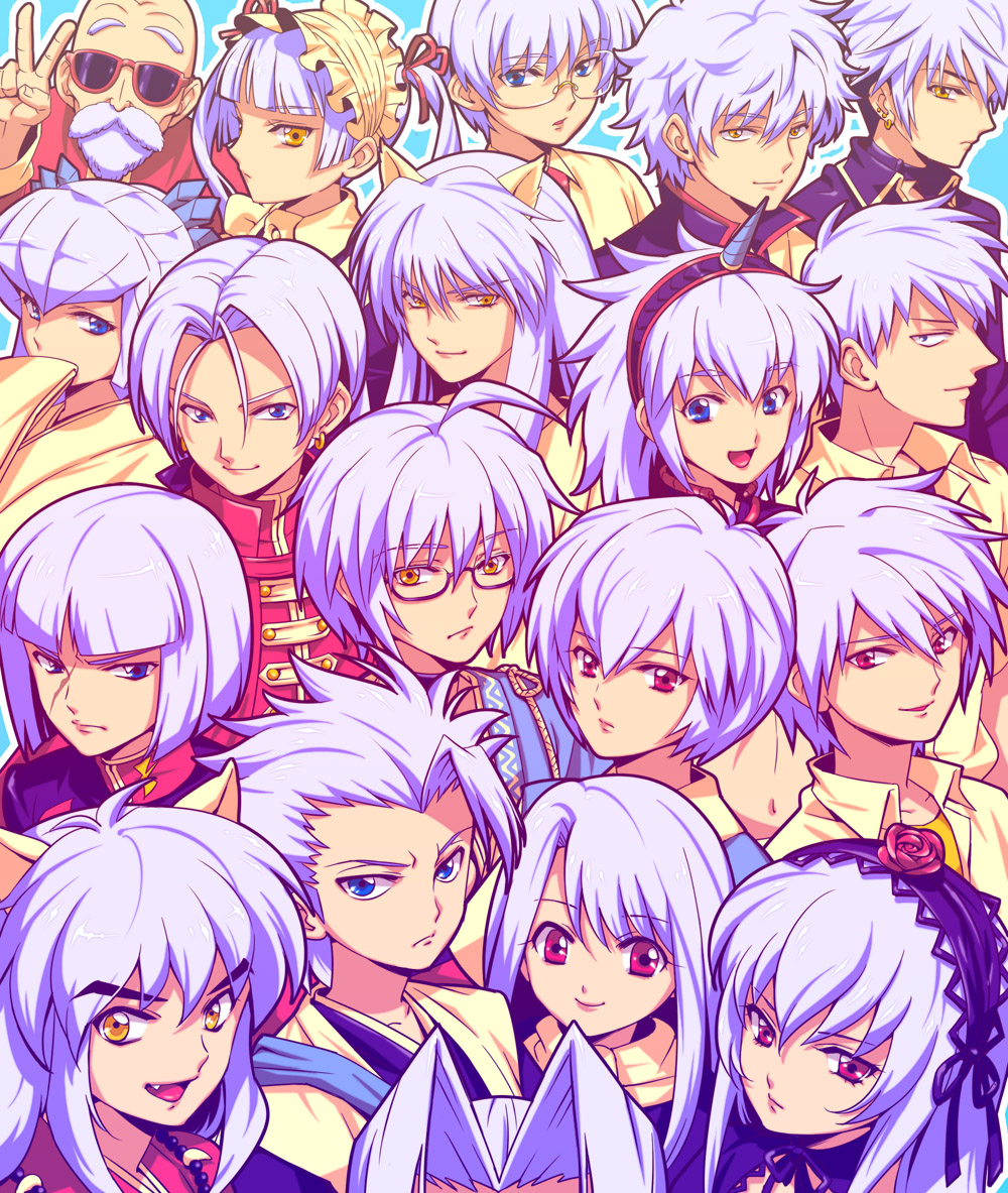 tetsukuzu tetsuko, akagi shigeru, angelo, ayanami rei, hitsugaya toushirou, hiwatari satoshi, illyasviel von einzbern, inugami tsurugi, inuyasha (character), kukuru (dq8), morichika rinnosuke, muten roushi, nagisa kaworu, oyuki (urusei yatsura), sakata gintoki, sephiroth, shinouji matsurika, sohma hatsuharu, suigintou, youko kurama, yzak joule, akagi, akagi: yami ni oritatta tensai, bleach, capcom, dnangel, dragon ball, dragon quest, dragon quest viii, fate/stay night, fate (series), final fantasy, final fantasy vii, fruits basket, fukumoto mahjong, gintama, gundam, gundam seed, gundam seed destiny, inuyasha, maria holic, monster hunter (series), neon genesis evangelion, pani poni dash!, rozen maiden, shounen jump, square enix, touhou, urusei yatsura, yuu yuu hakusho, annotated, 00s, 1990s (style), 6+boys, 6+girls, animal ears, bald, blue eyes, color connection, crossover, dog ears, everyone, fang, fox, fox ears, glasses, hair color connection, haori, horns, japanese clothes, kirin (armor), long hair, look-alike, multiple boys, multiple crossover, multiple girls, red eyes, retro artstyle, short hair, single horn, taichou haori, v, white hair, yellow eyes
