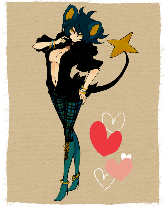 l hakase, luxray, nintendo, pokemon, bad id, bad pixiv id, 1girl, animal ears, blue hair, breasts, cat ears, cat tail, costume, female focus, full body, gen 4 pokemon, heart, high heels, medium breasts, personification, shoes, sideboob, solo, tail, yellow eyes