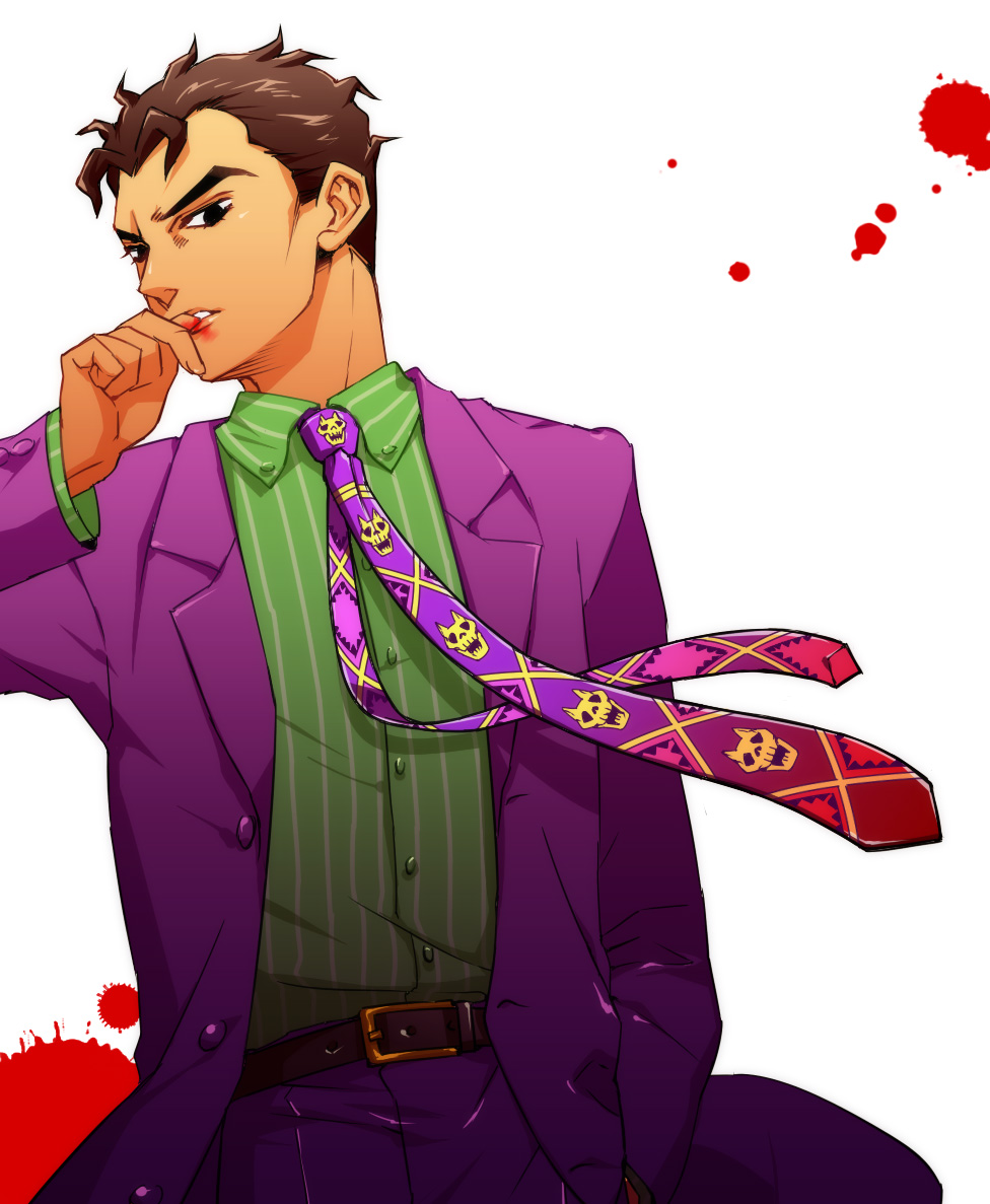 tetsukuzu tetsuko, kawajiri kosaku, kira yoshikage, diamond is not crash, jojo no kimyou na bouken, 1boy, belt, black eyes, blood, brown hair, cheekbones, collared shirt, formal clothes, male focus, necktie, shirt, short hair, simple background, solo, splatter, suit