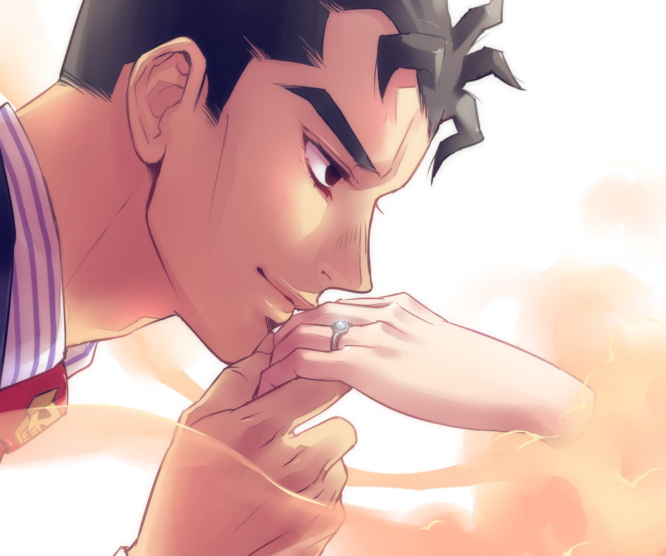 tetsukuzu tetsuko, kawajiri kosaku, kira yoshikage, diamond is not crash, jojo no kimyou na bouken, bad id, bad pixiv id, 1boy, cheekbones, disembodied hand, dismembered, jewelry, kiss, kissing hand, male focus, necktie, portrait, ring, smile, solo focus