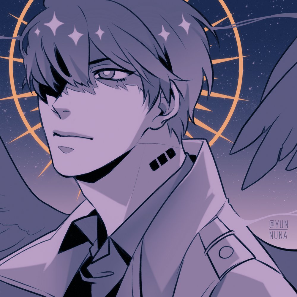 ginsan, kim dokja, omniscient reader's viewpoint, 1boy, black eyes, black hair, black shirt, black wings, coat, collared shirt, feathered wings, grey coat, halo, halo behind head, male focus, official alternate costume, partially shaded face, popped collar, portrait, serious, shirt, short hair, solo, wings