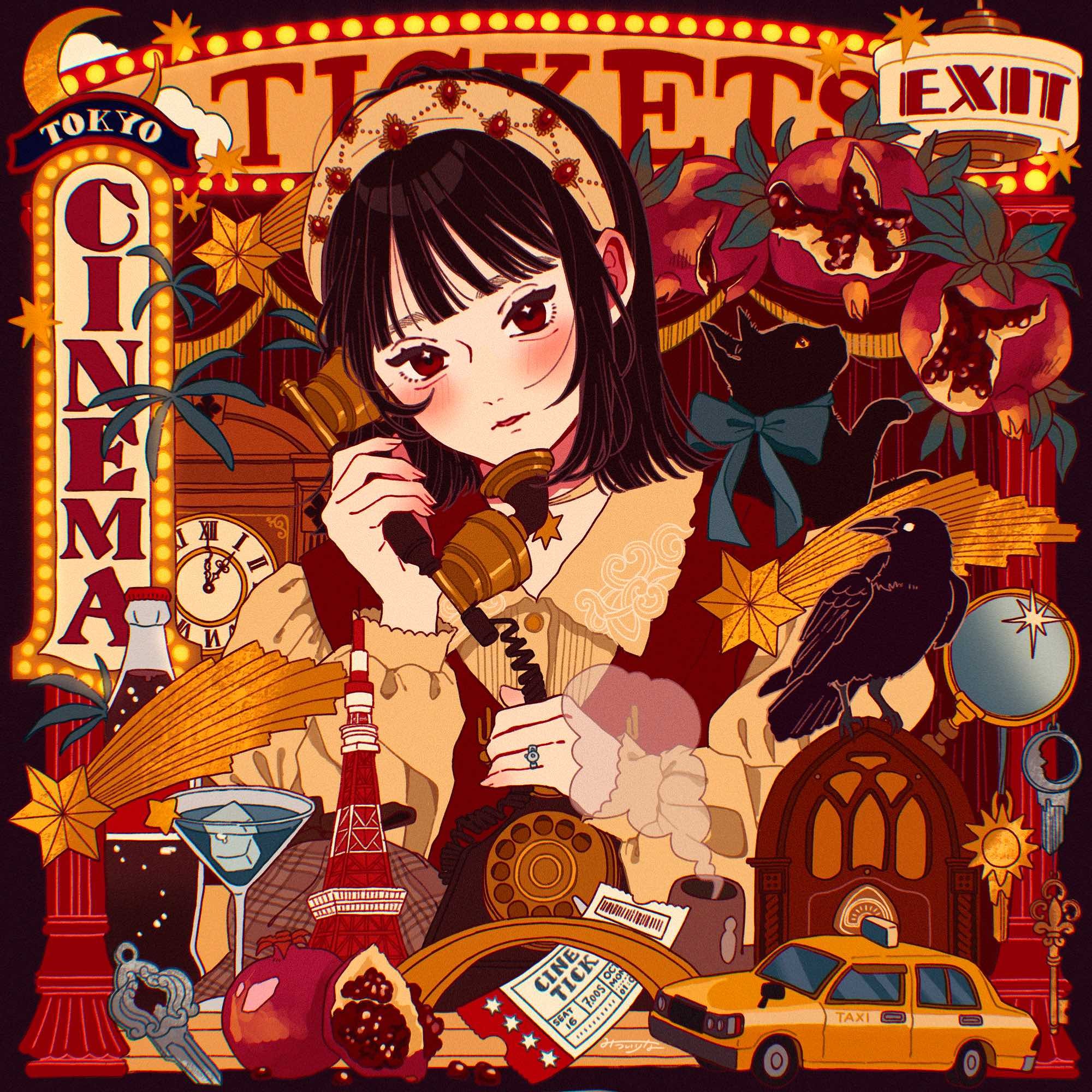 mtirn3373, highres, 1girl, animal, antique phone, bird, black cat, blush, bow, brown eyes, brown hair, car, cat, cloud, crescent, crow, eyelashes, fingernails, food, fruit, hairband, holding, jewelry, long sleeves, looking at viewer, medium hair, motor vehicle, necklace, parted lips, pomegranate, ring, smoke, solo, square, star (symbol), taxi, ticket, tokyo tower, upper body, wispy bangs