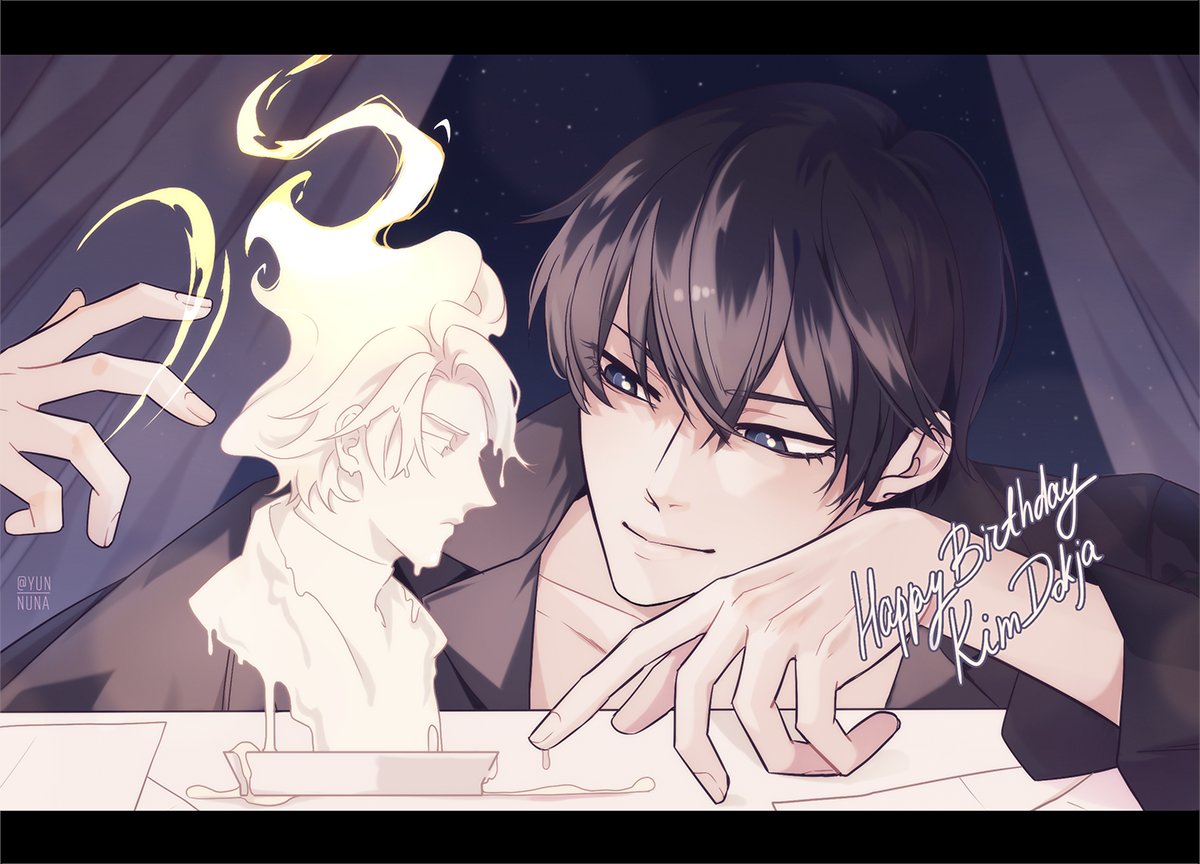 ginsan, kim dokja, yoo joonghyuk, omniscient reader's viewpoint, 1boy, black coat, black eyes, black hair, burning, candle wax, character doll, coat, curtains, doll, hand up, happy birthday, night, night sky, open clothes, open coat, poking, short hair, sky, smirk, sparkling eyes, tent, upper body