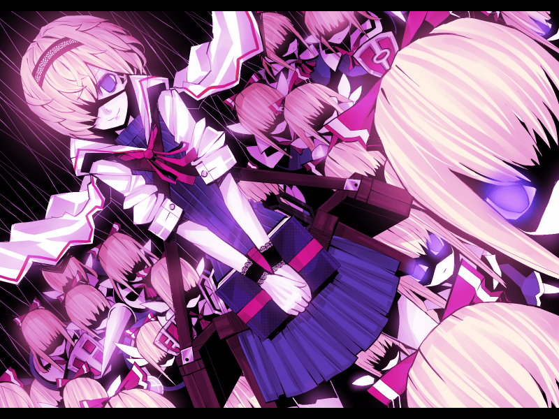 koto (kotocotton), alice margatroid, shanghai doll, touhou, bad id, bad pixiv id, 1girl, blonde hair, book, bow, crazy eyes, doll, dutch angle, eyepatch, female focus, glowing, glowing eyes, grimoire, grimoire of alice, hair bow, hairband, lance, no eyes, polearm, shield, short hair, solo, spear, v arms, weapon, wings