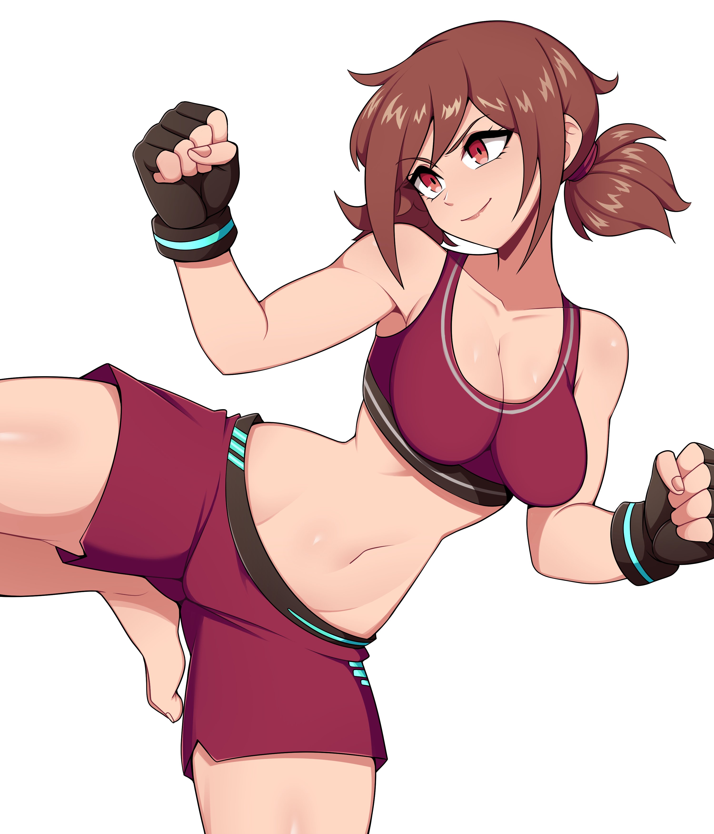 oninuer, sumeragi koyuki, chojo: crypto girls arena, absurdres, commentary, commission, english commentary, highres, 1girl, barefoot, black gloves, breasts, brown hair, cleavage, clenched hands, closed mouth, collarbone, double-parted bangs, fighting stance, fingerless gloves, gloves, large breasts, low twintails, red eyes, red shorts, red sports bra, short hair, short shorts, short twintails, shorts, simple background, smile, solo, sports bra, standing, standing on one leg, stomach, swept bangs, twintails, white background