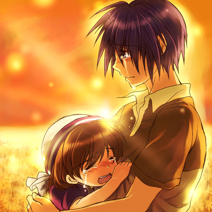 nyamorin, okazaki tomoya, okazaki ushio, clannad, bad id, bad pixiv id, 00s, 1boy, 1girl, age difference, blue eyes, blue hair, brown hair, closed eyes, dixie cup hat, father and daughter, field, flower, hat, hug, military hat, short hair, sunset, tears