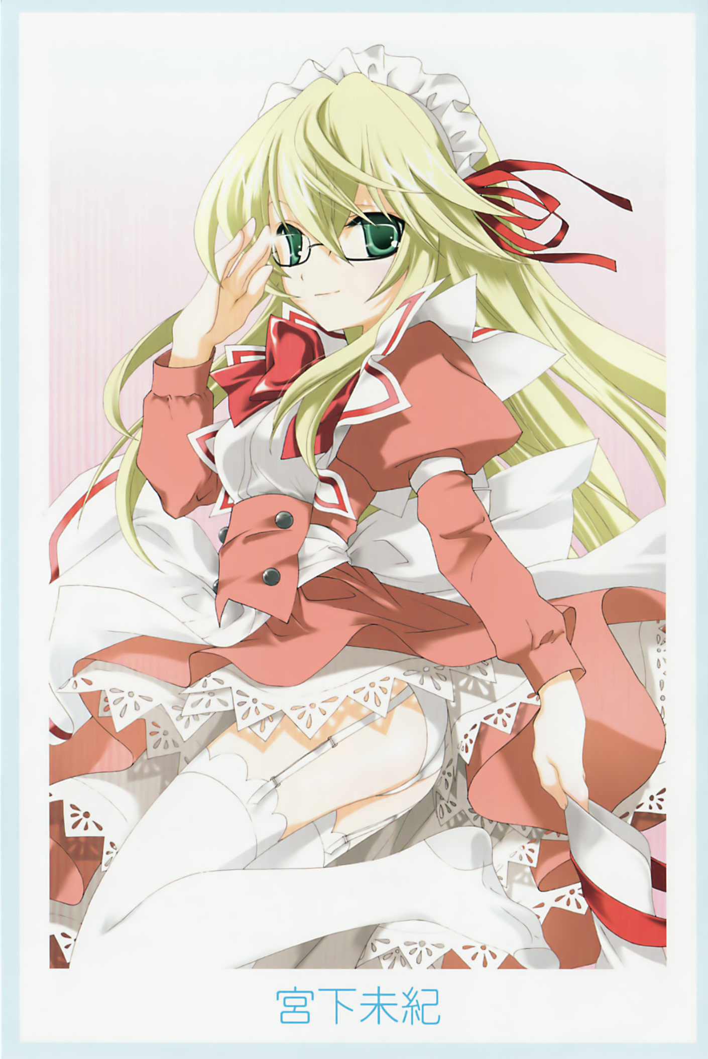 miyashita miki, setsuna, setsuna (kyoushirou to towa no sora), kyoushirou to towa no sora, highres, 00s, 1girl, adjusting eyewear, blonde hair, bow, dress, female focus, garter belt, glasses, green eyes, leg lift, long hair, maid headdress, panties, ribbon, smile, solo, thighhighs, underwear, white panties, white thighhighs