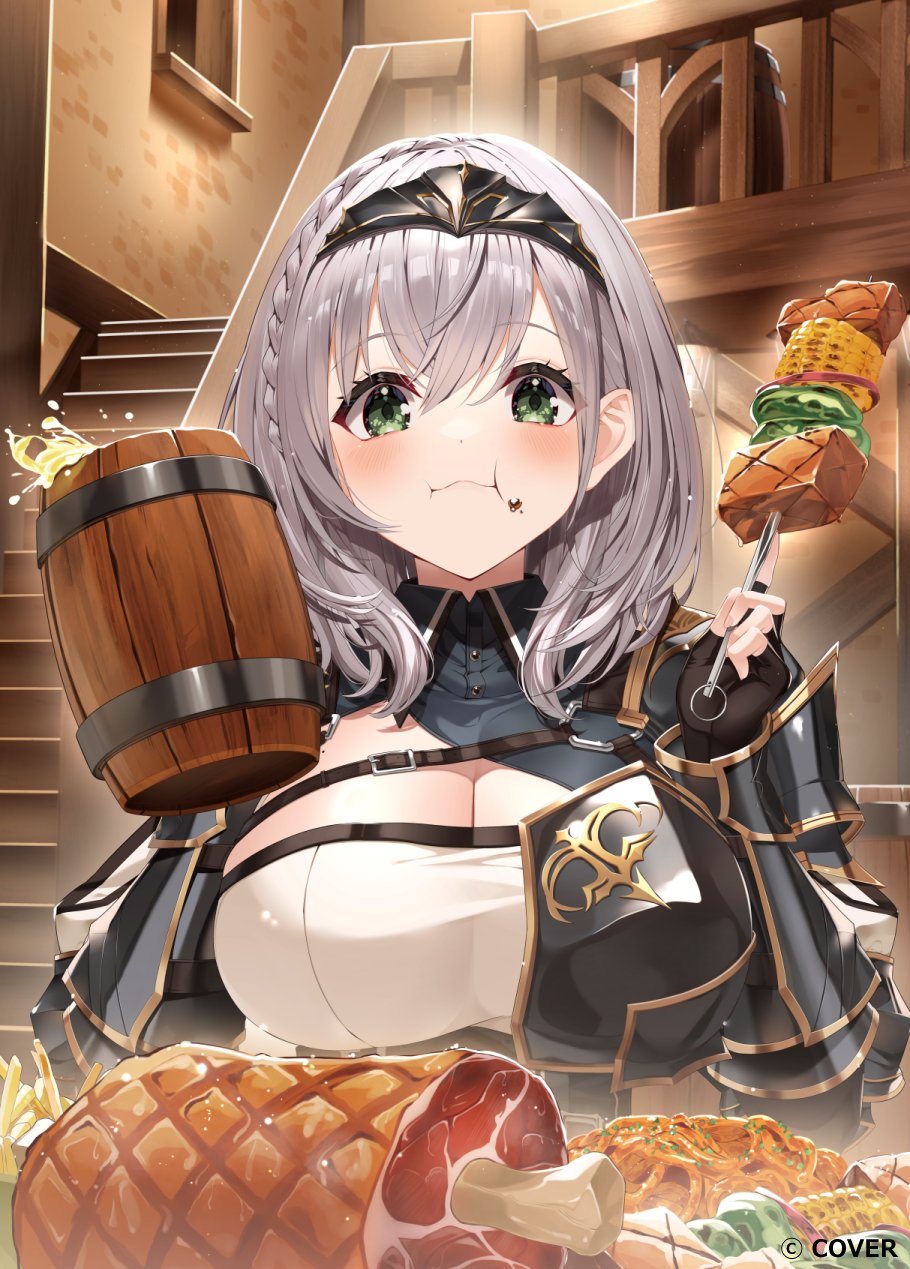 borumete, shirogane noel, shirogane noel (1st costume), hololive, commentary request, highres, official art, 1girl, armor, beer mug, black gloves, braid, breasts, chest guard, chest harness, chest strap, cleavage, cleavage cutout, closed mouth, clothing cutout, collared shirt, copyright name, crossed bangs, cup, double-parted bangs, eating, fingerless gloves, food, food in mouth, food on face, gloves, green eyes, grey hair, hair between eyes, hands up, harness, holding, holding cup, holding skewer, indoors, large breasts, looking at viewer, medium hair, mole, mole on breast, mug, pauldrons, shirt, shoulder armor, side braid, single pauldron, skewer, solo, tabard, upper body, vambraces, virtual youtuber, wavy hair, white shirt