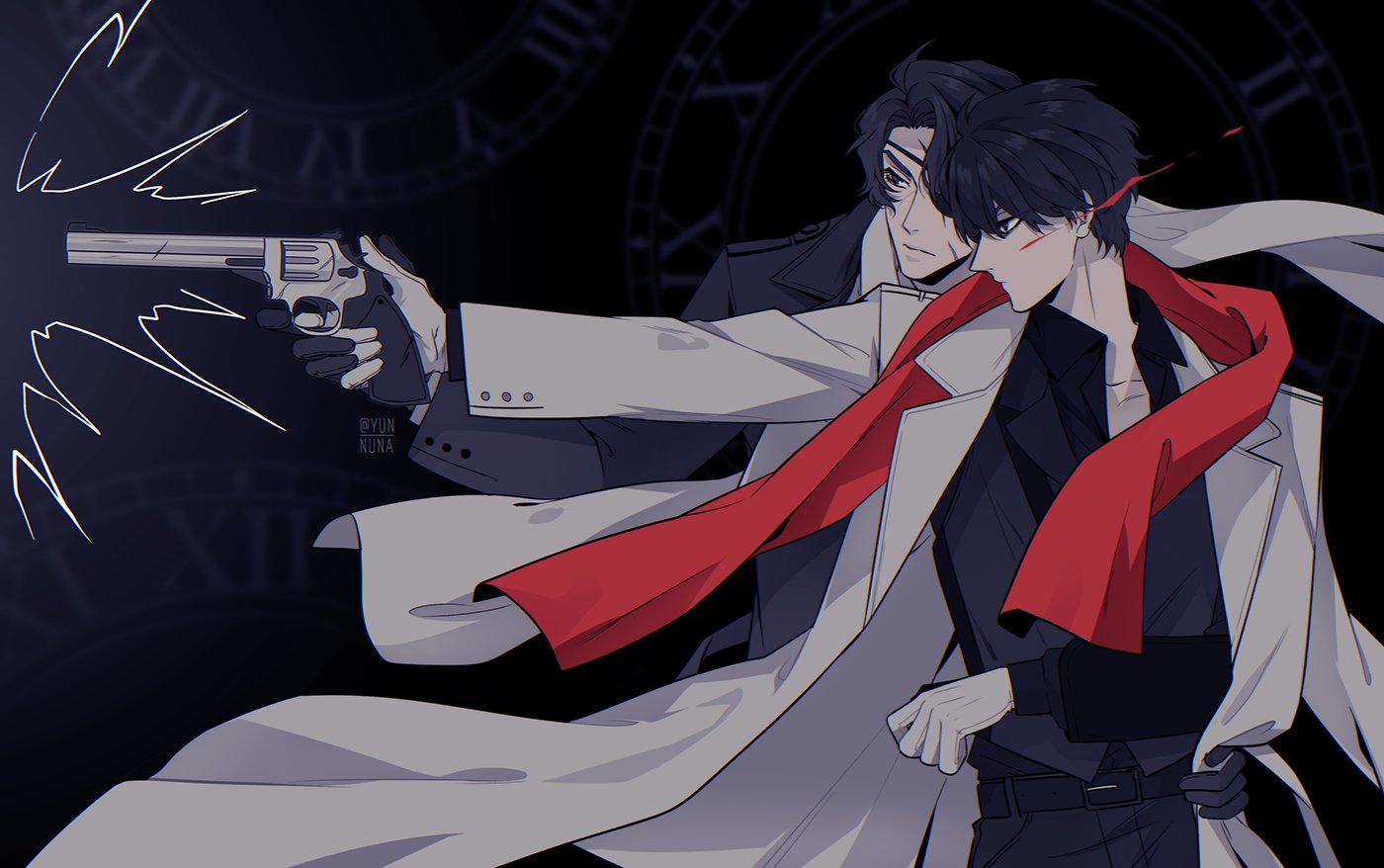 ginsan, kim dokja, yoo joonghyuk, omniscient reader's viewpoint, 2boys, alternate universe, black coat, black gloves, black hair, black shirt, blood, blood splatter, coat, collared shirt, gloves, guiding hand, gun, hand on another's waist, handgun, holding, holding gun, holding hands, holding weapon, male focus, multiple boys, open clothes, open coat, popped collar, red scarf, scarf, shirt, short hair, weapon, white coat, white gloves