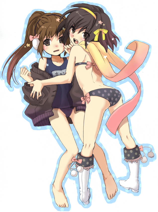 tomako, kyonko, suzumiya haruhi, suzumiya haruhi no yuuutsu, 00s, 2girls, ass, barefoot, bikini, bikini under clothes, boots, coat, genderswap, genderswap (mtf), multiple girls, no pants, one-piece swimsuit, open clothes, open coat, polka dot, polka dot bikini, ponytail, scarf, school swimsuit, swimsuit, swimsuit under clothes