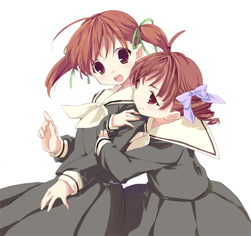 takatsuki tsukasa, fukuzawa yumi, fukuzawa yuuki, matsudaira touko, maria-sama ga miteru, lowres, 00s, 2girls, :o, ahoge, arm hug, blush, bow, brown eyes, brown hair, child, dress, drill hair, hair bow, hair ribbon, looking back, multiple girls, open mouth, ribbon, sailor dress, school uniform, serafuku, short hair, short twintails, smile, surprised, twintails