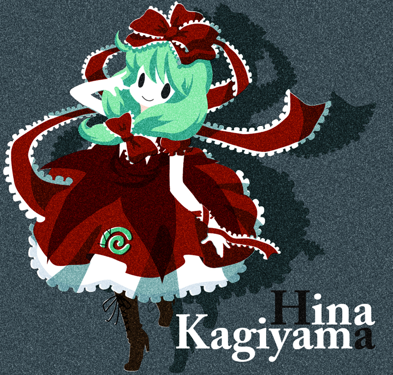 karaagetarou, kagiyama hina, touhou, 1girl, boots, character name, female focus, front ponytail, green hair, hair ribbon, high heels, long hair, ribbon, shoes, solo
