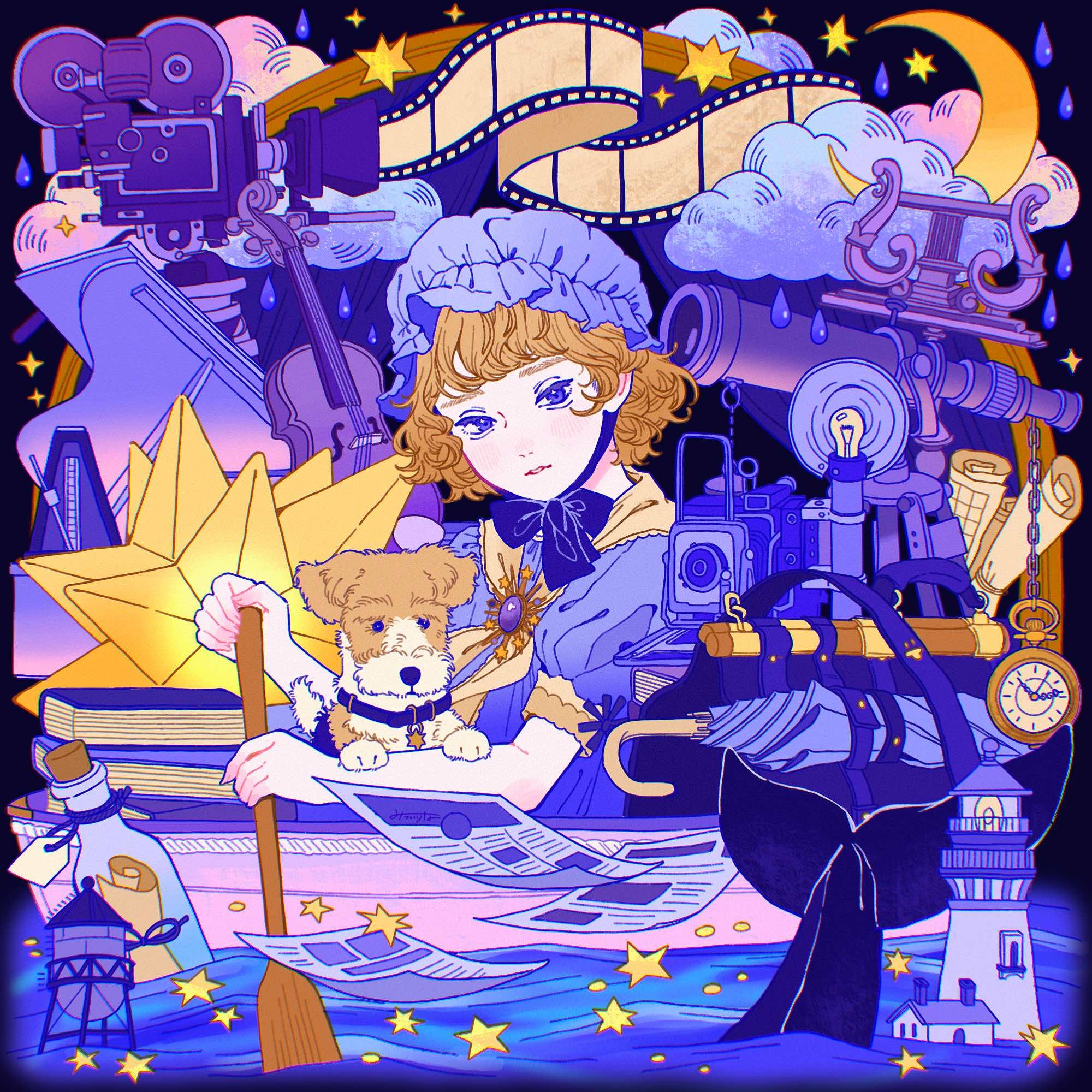 mtirn3373, original, highres, 1girl, animal, blonde hair, blush, boat, bonnet, book, bottle, cloud, crescent, dog, eyelashes, film strip, fingernails, instrument, lighthouse, looking at viewer, moon, oar, paper, parted lips, piano, pocket watch, puffy short sleeves, puffy sleeves, purple bonnet, purple eyes, purple theme, short hair, short sleeves, solo, square, star (symbol), telescope, violin, watch, water, water drop, watercraft