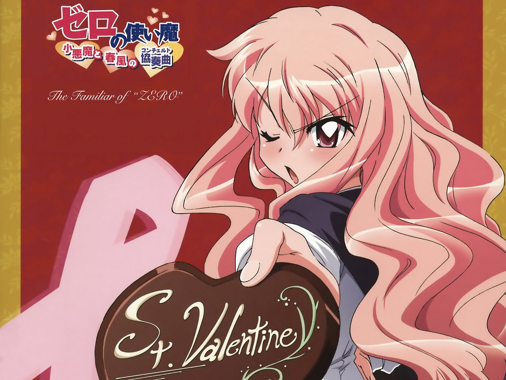 louise francoise le blanc de la valliere, zero no tsukaima, artist request, non-web source, official art, official wallpaper, 00s, 1girl, candy, chocolate, chocolate heart, copyright name, female focus, food, heart, long hair, one eye closed, pink eyes, pink hair, solo, tsundere, valentine, wink