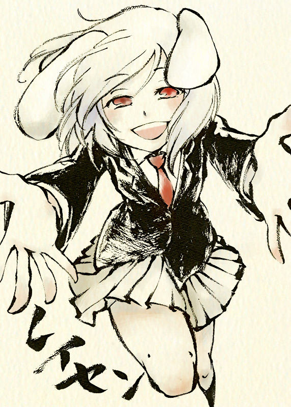 shou shishi, reisen, touhou, 1girl, animal ears, female focus, monochrome, rabbit ears, red eyes, short hair, solo, spot color, white background