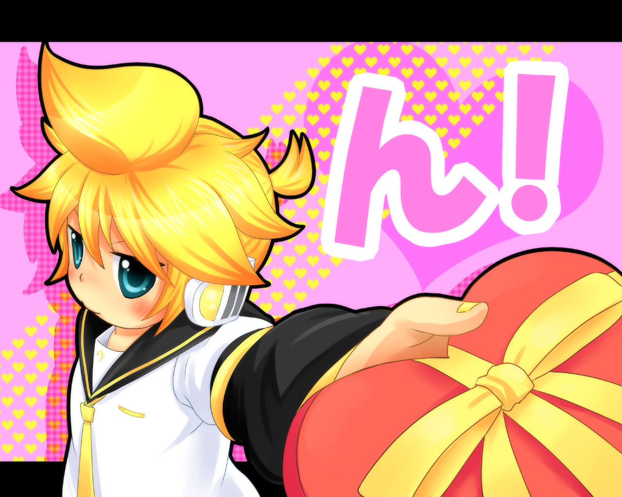 mamakari, kagamine len, vocaloid, bad id, bad pixiv id, 1boy, arm warmers, blonde hair, blue eyes, blush, box, chocolate, detached sleeves, headphones, heart-shaped box, male focus, nail polish, necktie, solo, valentine, yellow necktie