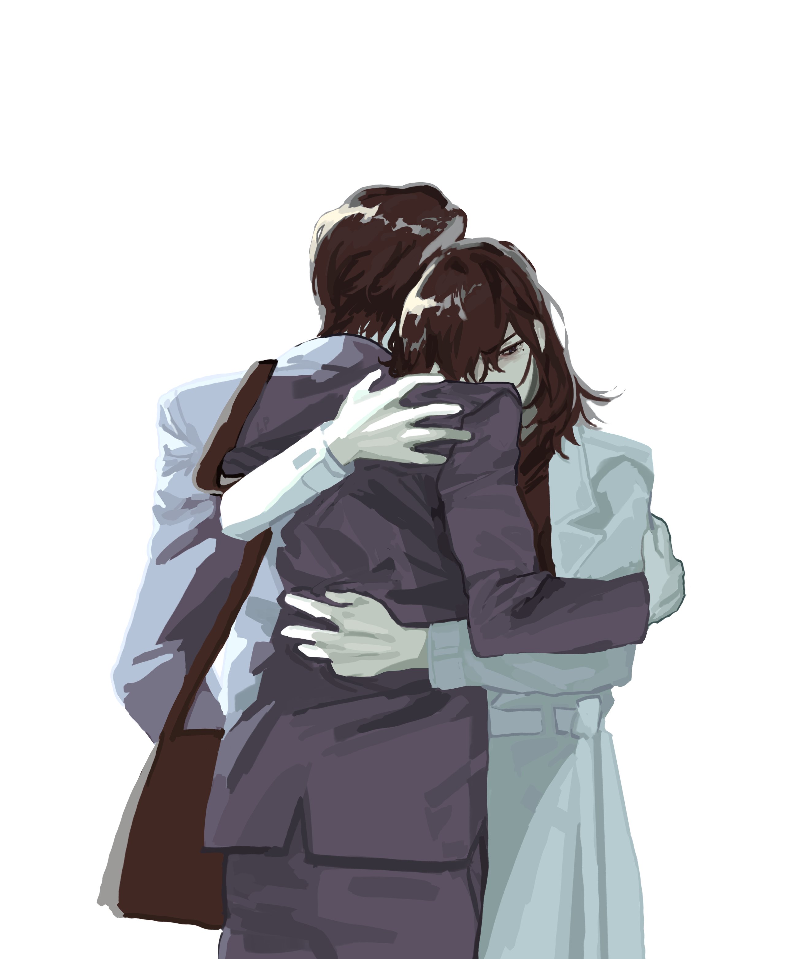 lp (sangkuranak), han sooyoung, lee sookyung, omniscient reader's viewpoint, absurdres, character request, check character, highres, 2girls, arm around back, bag, bags under eyes, black coat, black eyes, black hair, coat, cowboy shot, half-closed eye, hand on another's back, head on another's shoulder, hug, multiple girls, short hair, shoulder bag, white coat