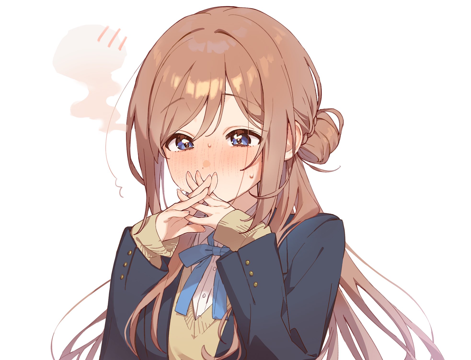 uminokaisen, himesaki rinami, gakuen idolmaster, idolmaster, commentary, highres, 1girl, blue eyes, blue jacket, blue ribbon, blush, brown hair, hair bun, hatsuboshi gakuen school uniform, interlocked fingers, jacket, long hair, long sleeves, looking at viewer, neck ribbon, nose blush, ribbon, school uniform, shirt, sidelocks, sleeves past wrists, solo, sweater, upper body, white background, white shirt, yellow sweater