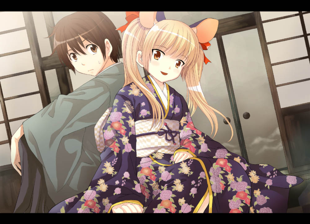 tomozo kaoru, dead soul revolver, 1girl, animal ears, blonde hair, brown hair, japanese clothes, kimono, letterboxed, mouse ears, red eyes, twintails