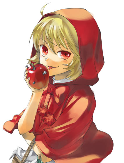 kaya8, b.b. hood, capcom, darkstalkers, 1girl, apple, basket, blonde hair, cork, female focus, food, fruit, hood, red eyes, short hair, simple background, solo, tongue, white background